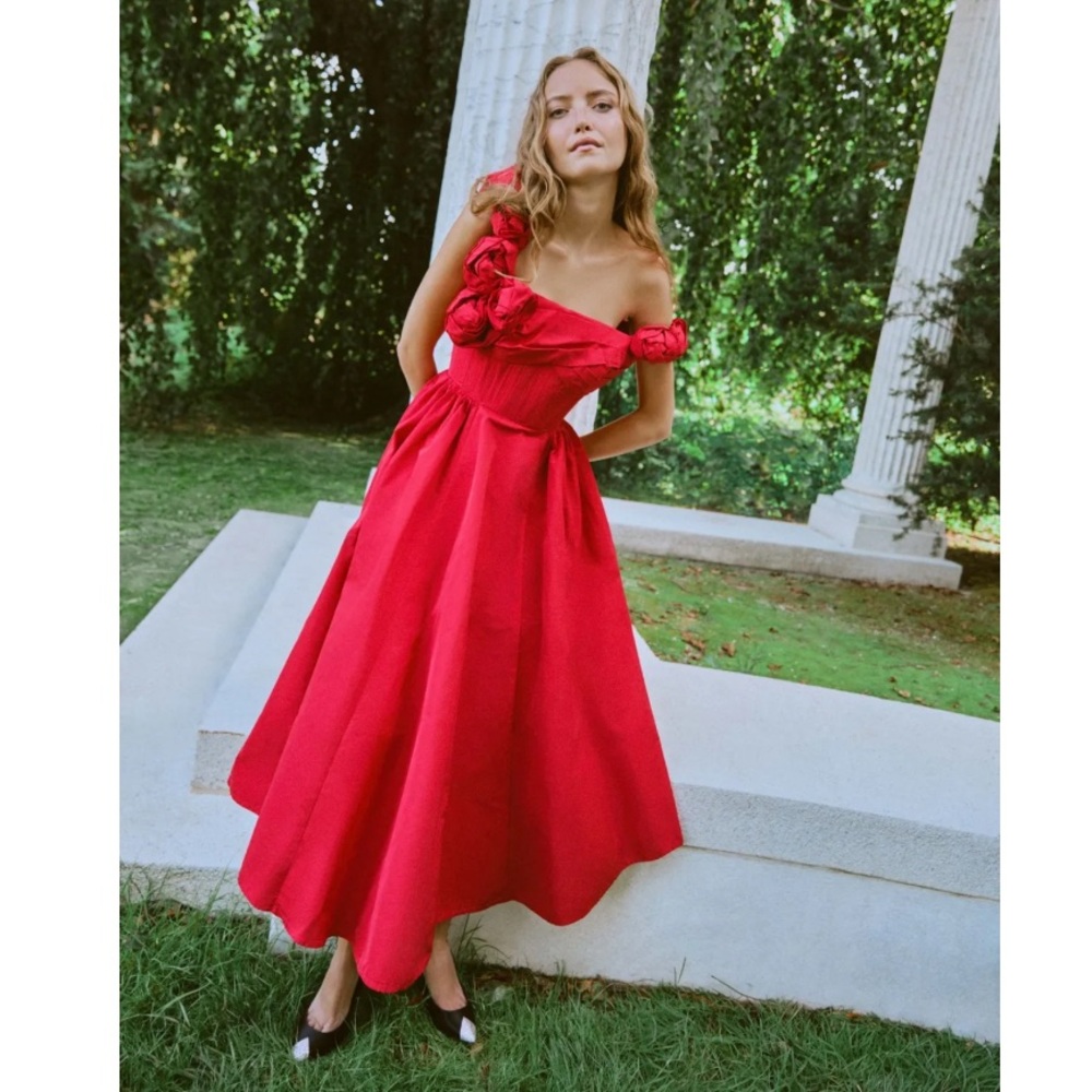 Rachel Gilbert Henley Strap 3D Flower Rosette Red Asymmetrical Taffeta Gown